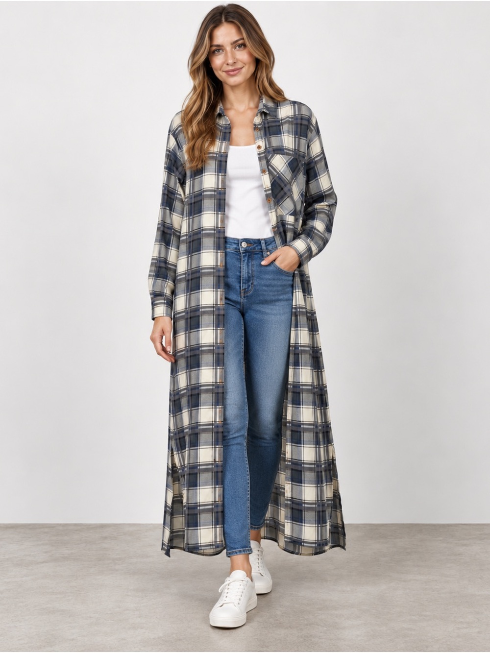 Entro Plaid Full Length Button Long Sleeve Dress SzL Lagenlook Patch Pocket